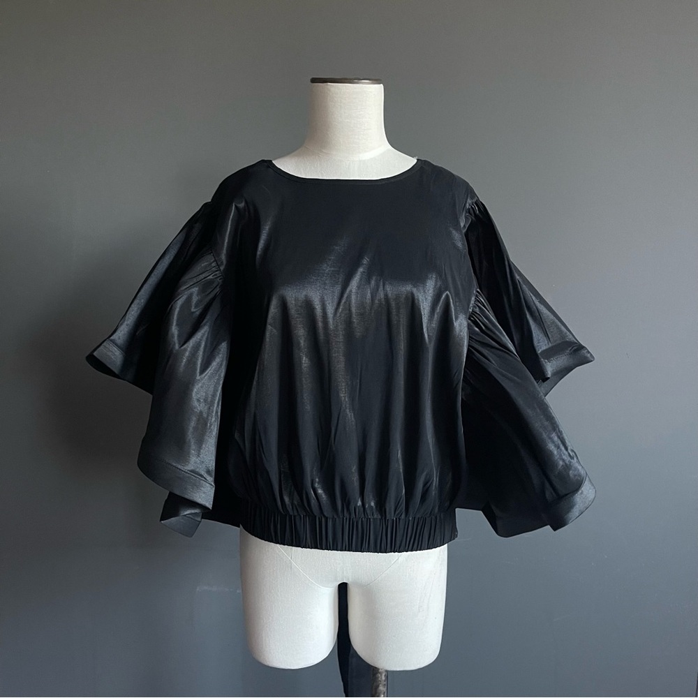 Highlight Black Coated Flutter Sleeve Tie-Back Blouse